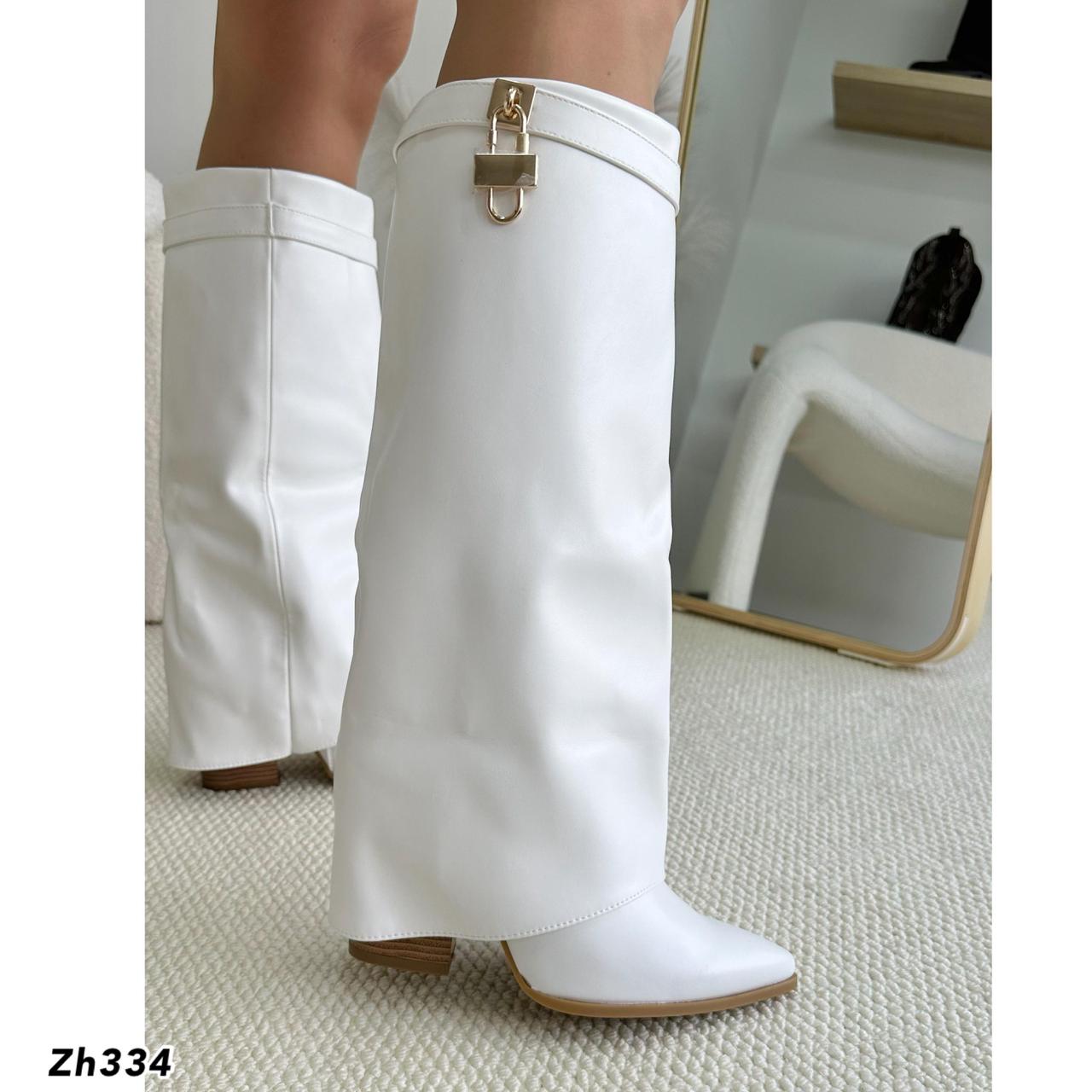 Bota caña alta blanco doblez detalle dorado tacon 9cm A9532 C-122